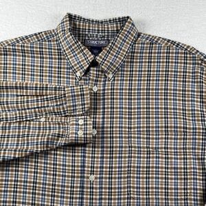Vintage 2000s Structure Large Blue Beige Plaid‎ Men's Button Down One Pocket